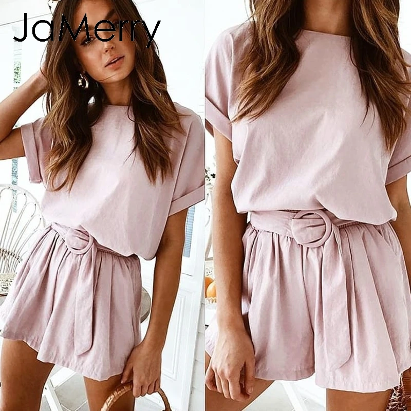 

JaMerry Casual solid pink two-piece romper jumpsuit women Summer streetwear playsuit jumpsuit Ladies top shirt overalls shorts