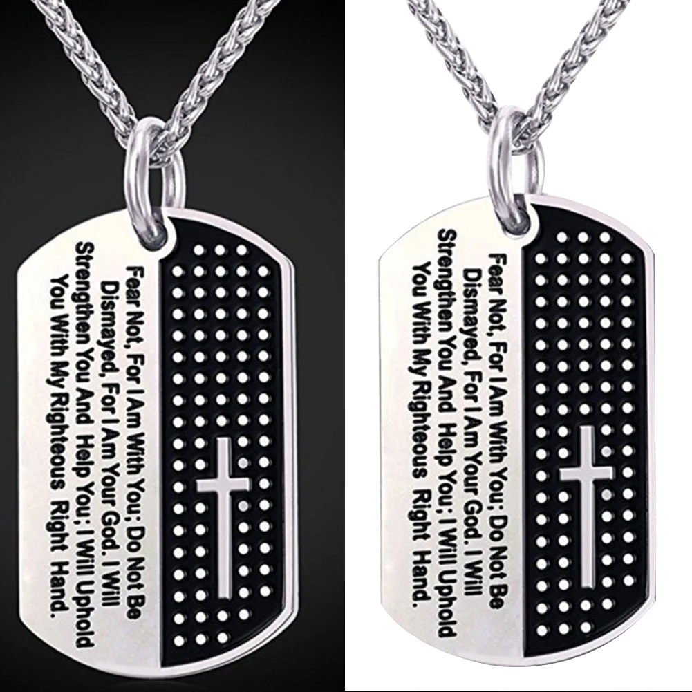 Stainless Steel Dog Tag Cross Bible Verse Pendant Men Necklace