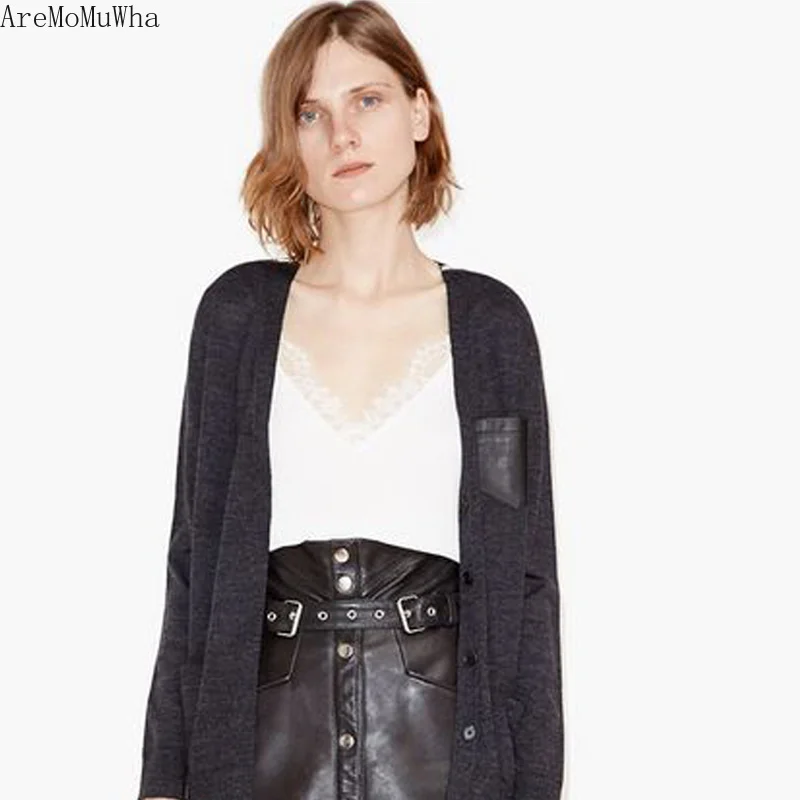 Najtaniej AreMoMuWha koronkowy dekolt w serek z sztucznego jedwabiu satynowa koszulka krótkie nosić jesienią i zimą wziąć kobiety luźny dół ShirtQX488