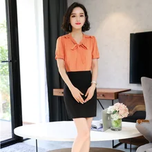 Формальный офисный униформенный стиль оранжевые рабочие костюмы с топами и юбкой для женщин профессиональные женские блузки и рубашки наборы