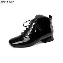 NemaoNe women boots genuine leather women 3cm low heels ankle boots fashion square toe lace up ladies shoes large size 43