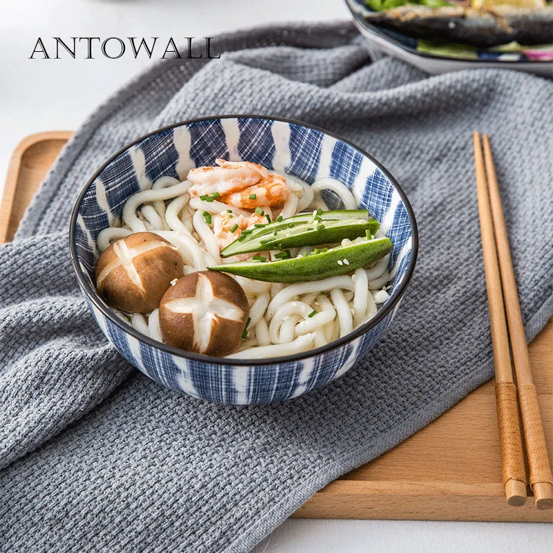 

ANTOWALL Japanese style ceramic rice bowl set large hot soup noodles bowl home baby adult personality blue grid small bowl