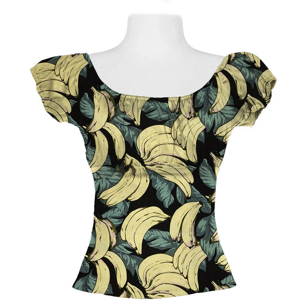 

Candow Look Vintage Clothing Online Woman Fruit Print Off Shoulder Ruffled Sexy Low Back Peasant Blouse PinUp Rockabilly Tops