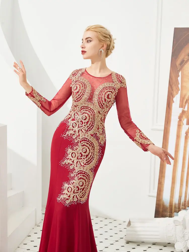 Beauty Emily Lace Beads Mermaid Evening Dress Long 2019 O Neck Full Sleeve Floor-Length Evening Party Prom Dress Formal Gowns