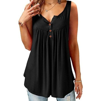 

Women Summer Autumn Casual Button Blouse Shirts Off Shoulder Fashion O Neck Sleeveless Solid Draped Shirt Tops Female Loose Tops