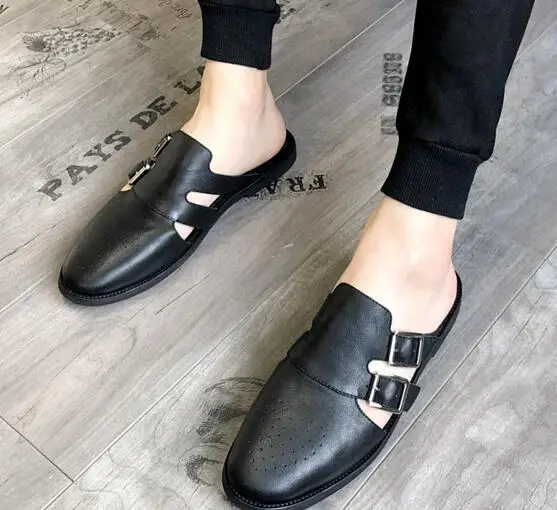 

Summer new 2018 leather lazy shoes men's fashion personality half slippers breathable casual shoes