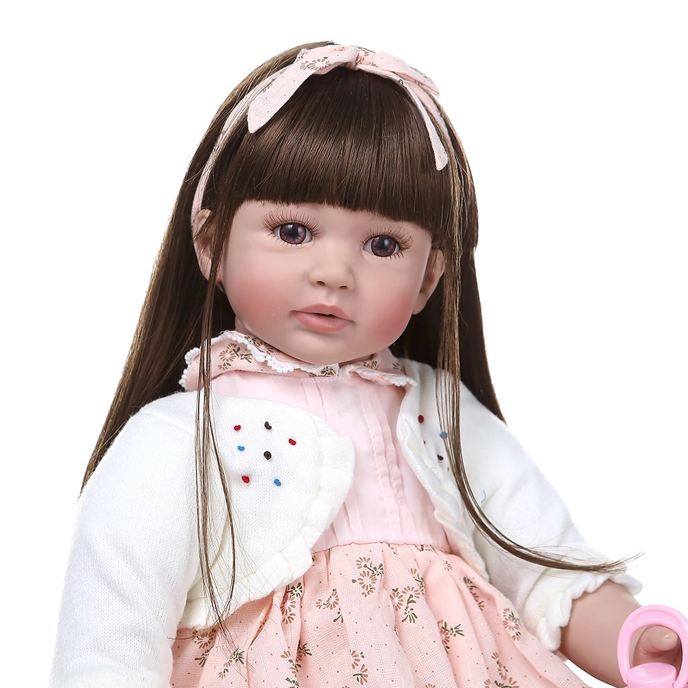 60 см силиконовая кукла для маленьких девочек с длинными коричневыми волосами, виниловая Изысканная принцесса boneca, рождественский подарок, игрушка для игры в дом