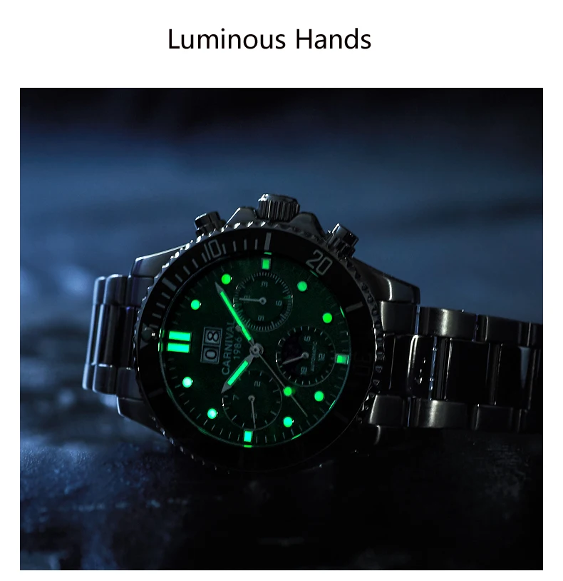 Новые автоматические механические часы для мужчин Топ Элитный бренд карнавал спортивные часы сапфир водостойкие для мужчин часы Reloj hombre