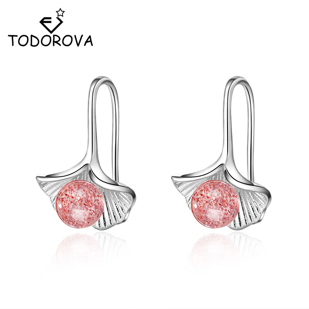 Серьги-подвески Todorova Ginkgo Biloba женские серьги с натуральным клубничным кристаллом