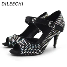 DILEECHI/Женская обувь черного цвета со стразами для сальсы на 8,5 см тонком каблуке, удобная обувь для бальных и латиноамериканских танцев розовый каблук 10 см