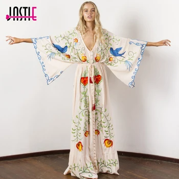 Jastie Ricamato Delle Donne Maxi Vestito Con Scollo A V Del Manicotto Del Batwing Allentato Plus Size Abiti Estivi Coulisse In Vita Boho Beach Abiti
