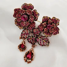 Luxury Vintage AB Accent Red Crystal Double Flower Brooches with Drops Micro Pave Designer Leaf Two Floral Pins Women Accessory fabulous short tassel drops double yellow bird brooches silver tone micro pave cz green eyes two love birds pins for girlfriend
