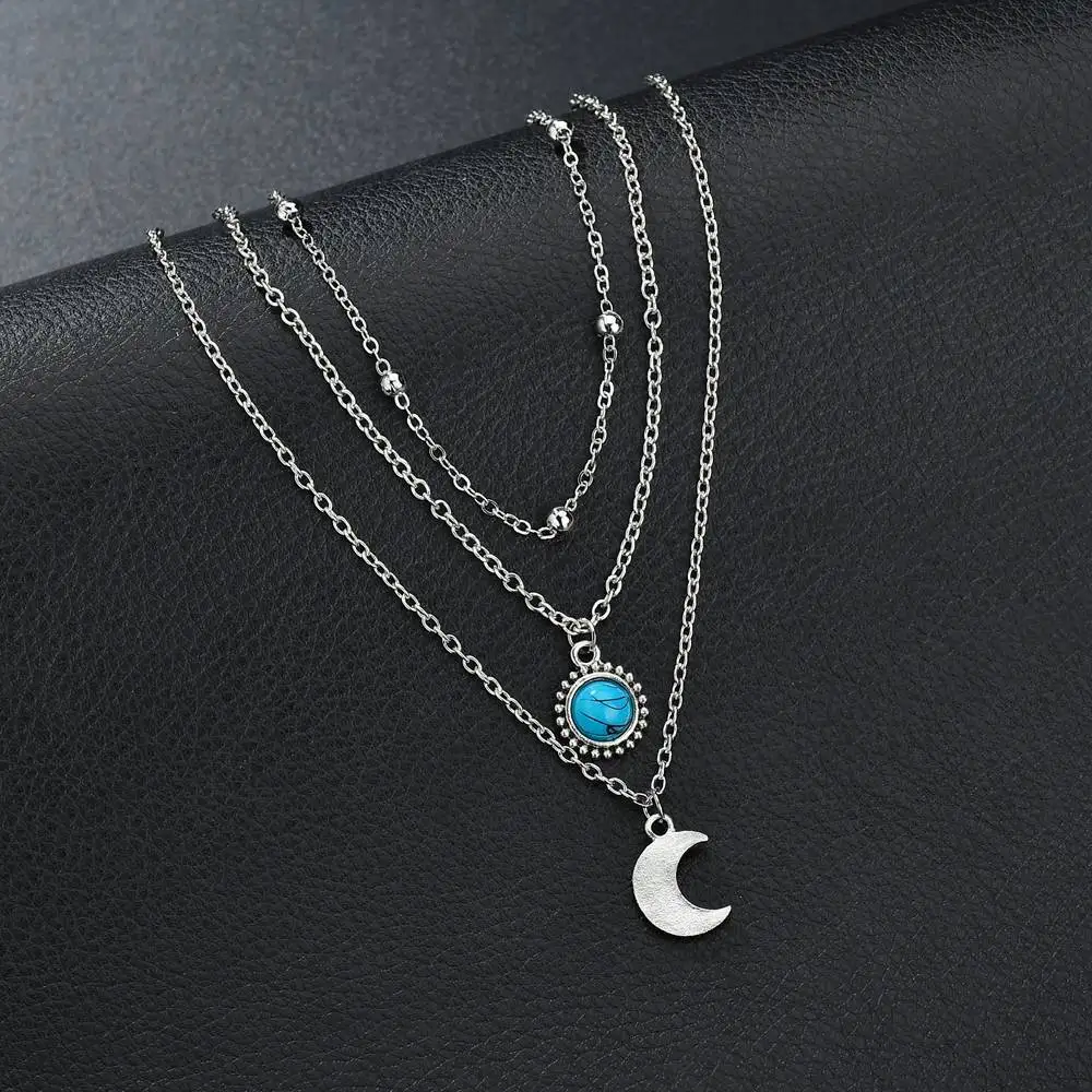 2019european And American Fashion Popular Three-layer Necklace Female Evil Eye Jewelry Turquoises Stone Classic Moon New - Image 6