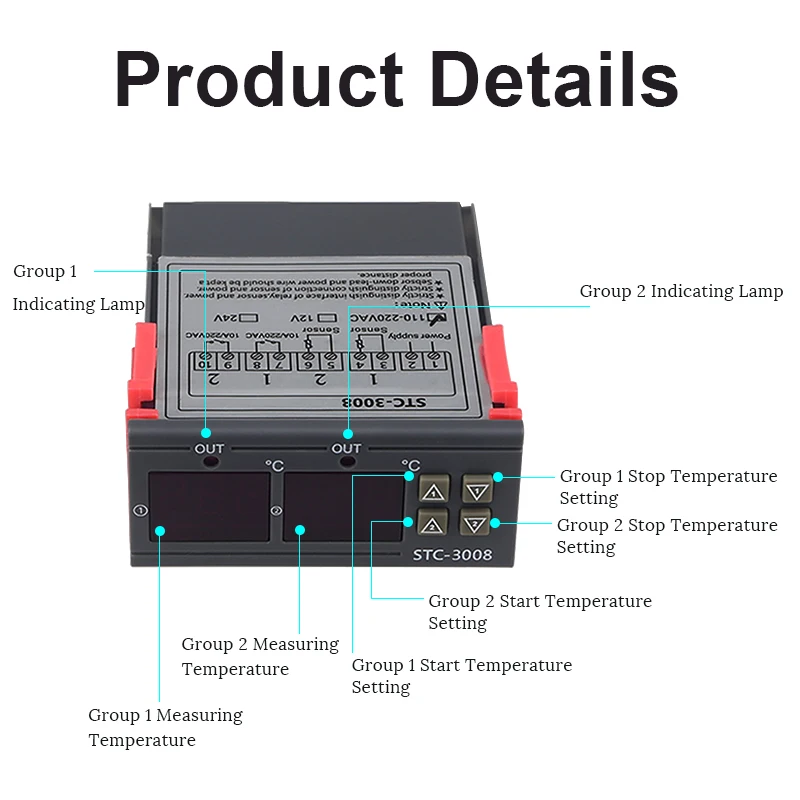 Двойной цифровой термостат, двойной регулятор температуры для инкубатора, релейный светодиодный STC-3008 охлаждения 10 А, 12 В, 24 В, 220 В