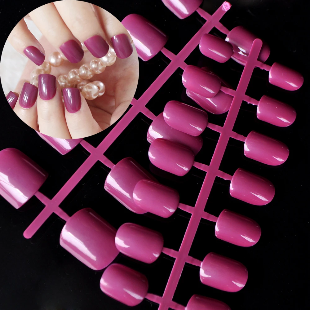 24pcs/set Full Cover Fake Nails Dark Purple Rose Candy