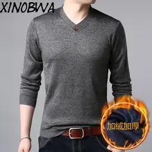 Новые европейские Для мужчин зимние пикантные v-образный вырез с длинным рукавом плюс толстый бархат Теплый вязаный свитер мужской флис сплошной черный повседневный пуловер