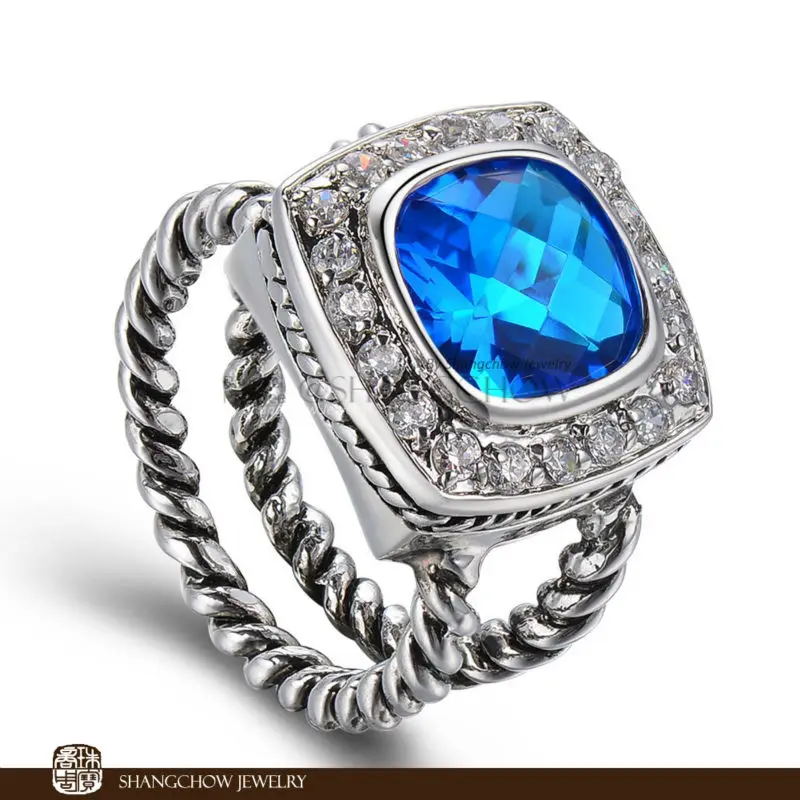 

New! Vintage in Fashion Jewelry Blue Crystal 925 Sterling Silver Ring R1208
