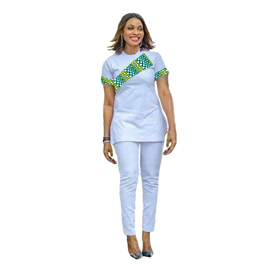 

Fashion African Print Women Clothing Tops+ Pants Sets Print And White Cotton T-Shirt And Pants Sets Costume Africa Women Clothes