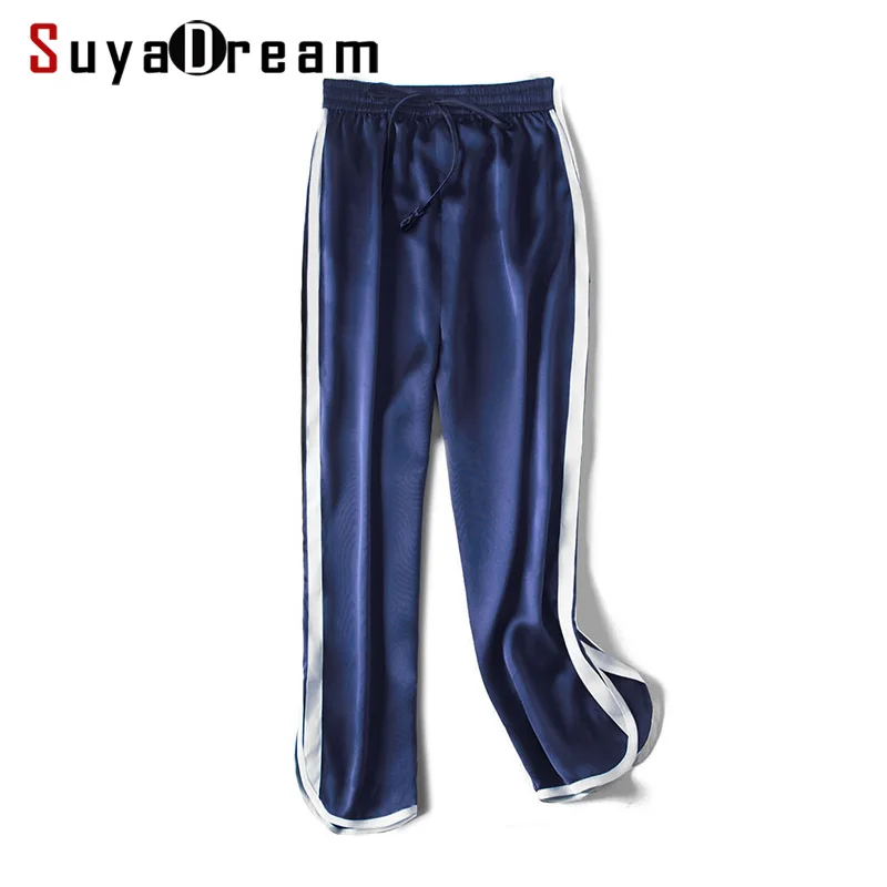 

Women Pants 19MM 100%Real Silk Satin Green High Waisted Pants OL Calf-Length Pants 2019 Office Lady Spring Summer New