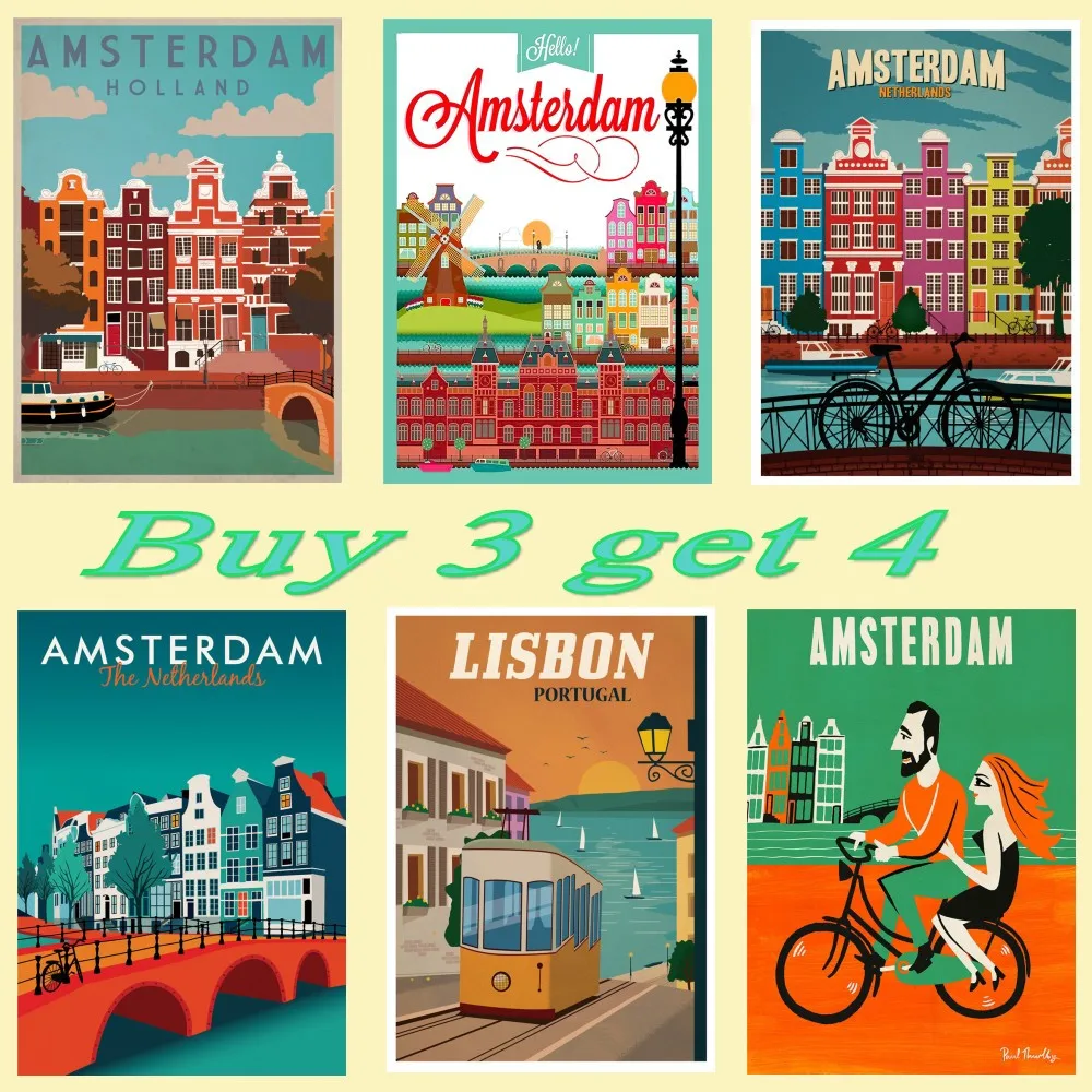 

Amsterdam Netherlands Print - Amsterdam Travel Poster, Amsterdam coated wall art, home decoration, Amsterdam Lisbon posters