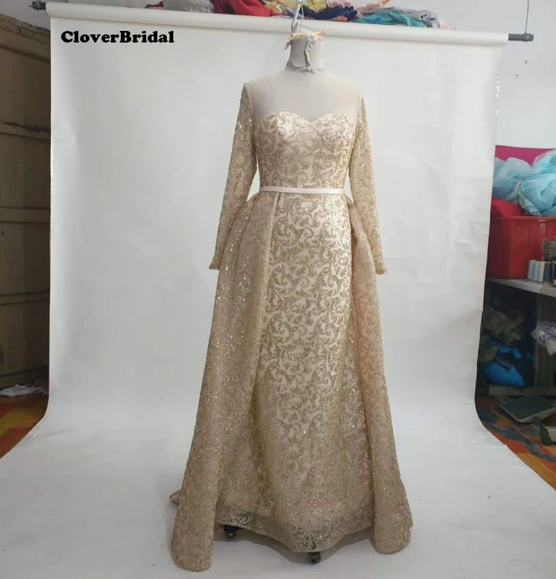 

Middle Est New Fabric Hot King Net Glitter Gold Evening Dresses 2017 Long Sleeves Gorgeous Vestido De Festa with Outlayer