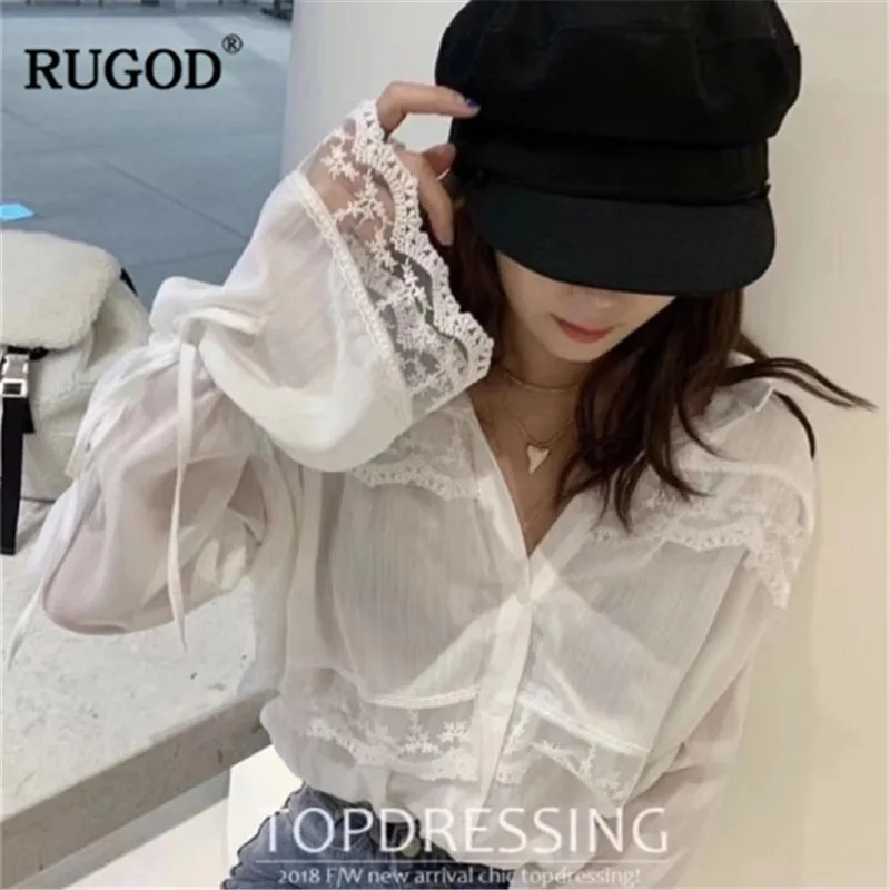 

RUGOD Elegant lace patchwork shirts women Fashion long sleeve white blouses female office wear Korean sweet shirts camisas mujer