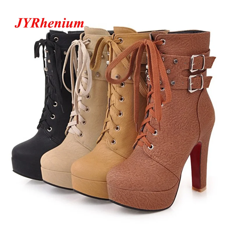 

JYRhenium Women's Boots New Autumn Winter High Heel Women Boots High Quality Solid Lace-up European Ladies Shoes PU Leather34-43