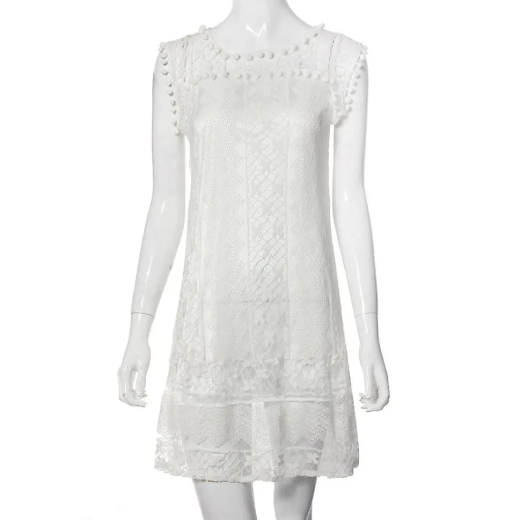 Летние белые элегантные мини-платья женские повседневные кружевные без рукавов пляжные короткие платья мини-сарафан с кисточками vestidos de verano^ 1