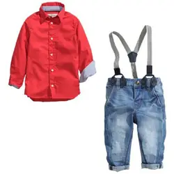 Модная одежда для детей комплект одежды для мальчиков комплект для малышей хлопковая рубашка с длинными рукавами красная рубашка + джинсы