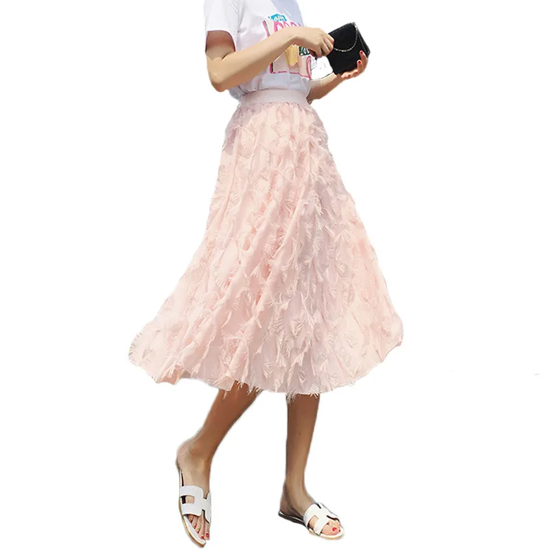 Лето-осень Для женщин элегантное платье-баллон c фатиновой юбкой с кисточками юбки женские повседневные перья с завышенной талией юбки-пачки со складками снизу Jupe W35