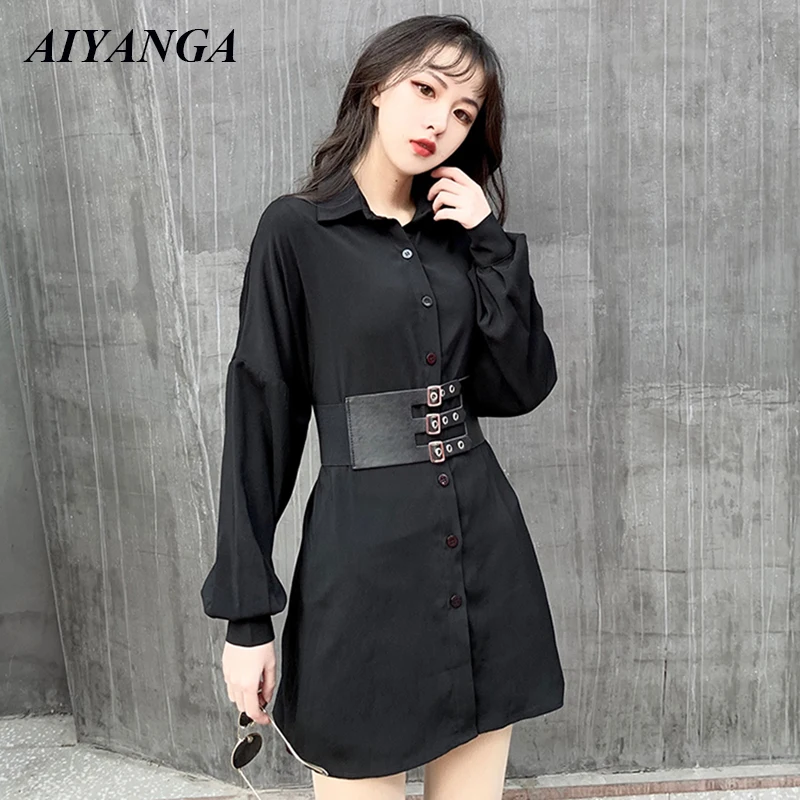 Blusa de manga larga con cinturón para mujer, camisa de estilo medio y la moda, con un solo pecho, y camisas| - AliExpress