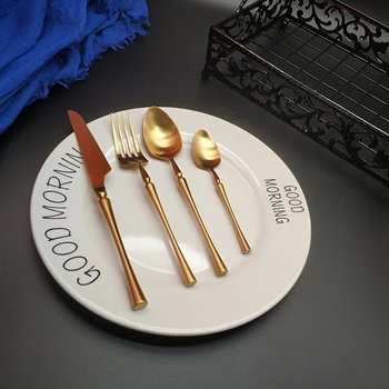 

Hot 4pcs Small Waist Pure Gold Dinnerware Cutlery 304 Stainless Steel Knife Fork Tablespoon Food Tableware Kitchen Dining Set