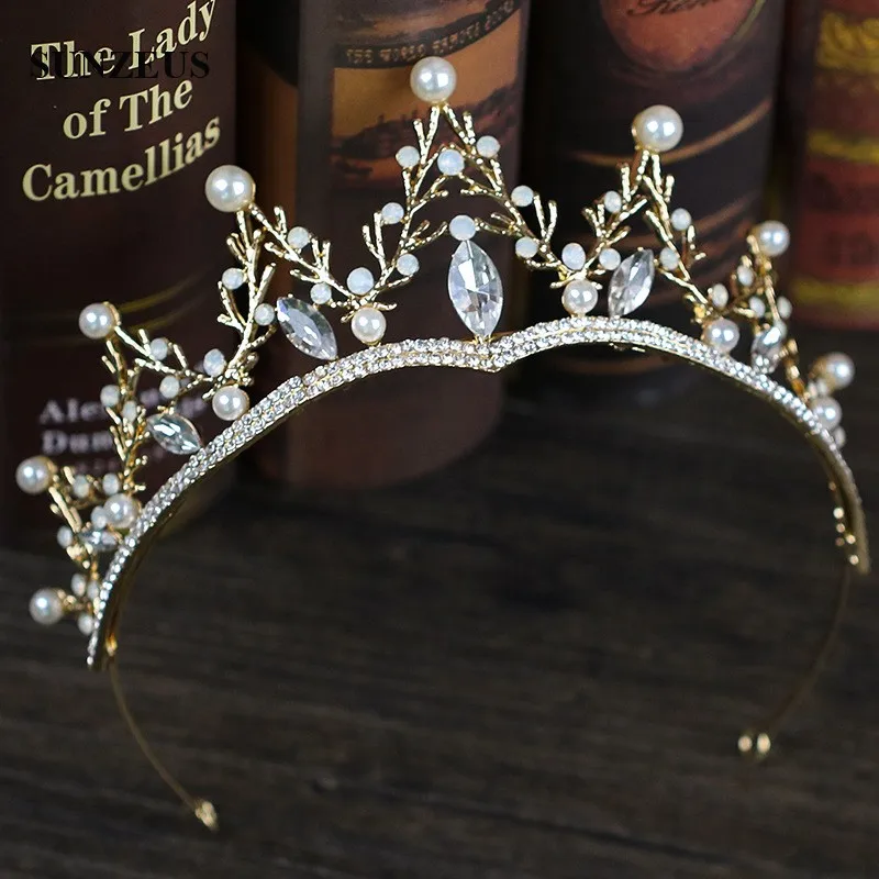 Vintage Crown Headband With Rhinestones Pearls Gold Accessories Wedding