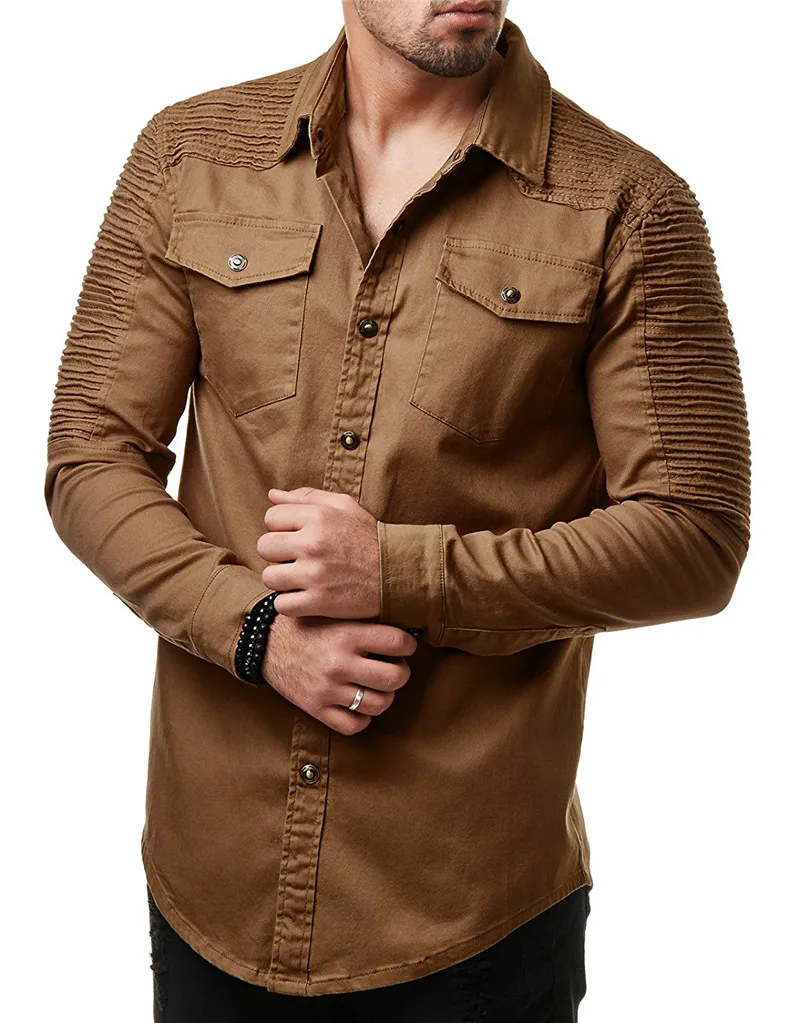 HuLooXuJi мужские джинсовые рубашки сплошной цвет промытый, плиссированный карман Slim Fit с длинным рукавом джинсовая рубашка Размер США: M-3XL - Цвет: Хаки