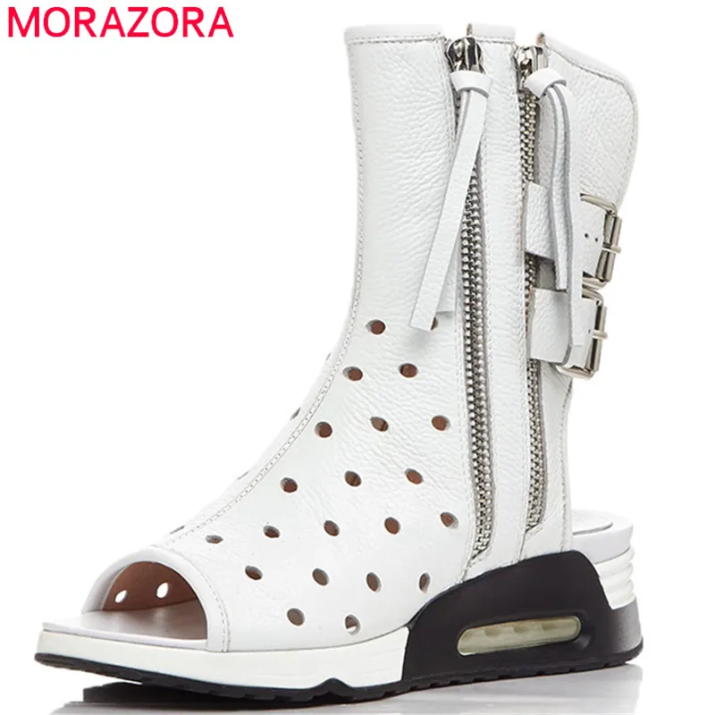 

MORAZORA 2019 Newest genuine leather flat shoes women ankle boots open toe hollow out summer boots buckle zip rome shoes woman