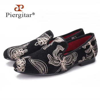 

Piergitar 2017 new arrival men velvet shoes with Handcrafted Golden Jacquard Flower Prom and Banquet men luxurious loafers