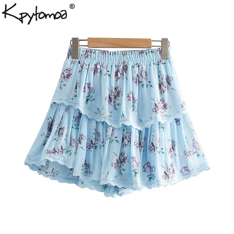 

Vintage Stylish Floral Print Ruffled Mini Skirt Women 2019 Fashion Elastic Waist Lace Patchwork Beach Skirts Casual Faldas Mujer