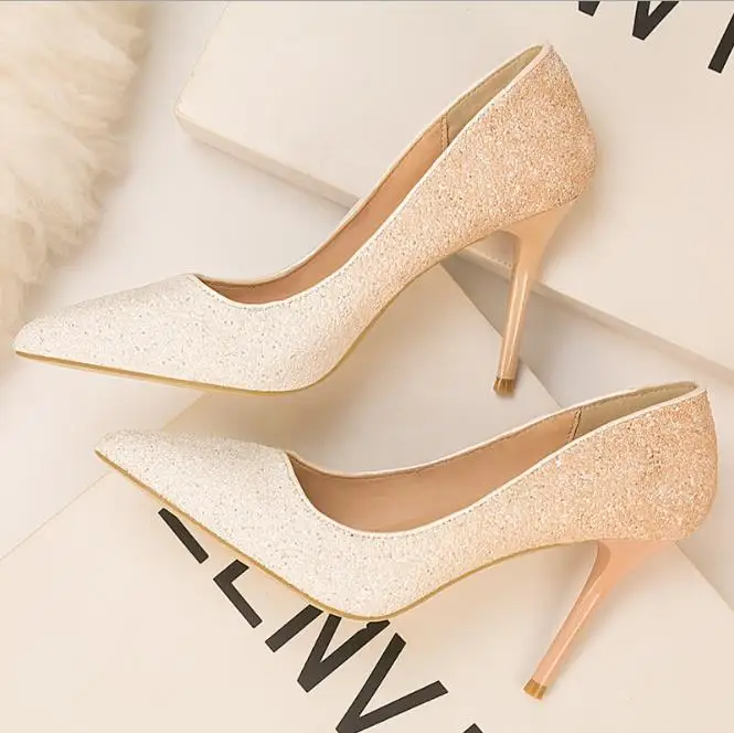 

European and American wind women's shoes high-heeled shallow mouth pointed gradient sequins sexy thin nightclub high-heeled shoe