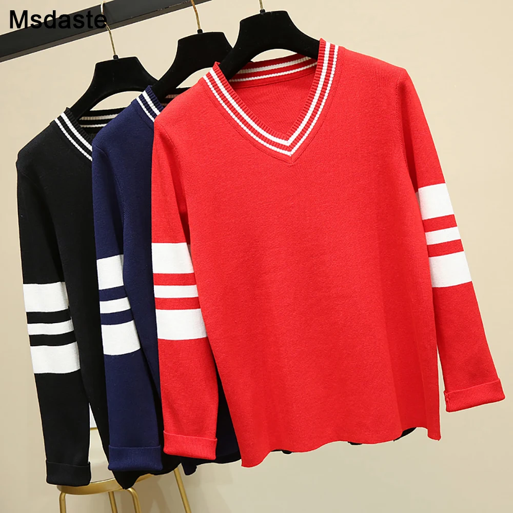 

Women Sweater 2019 Autumn Red Black Blue V-neck Casual Sleeve Striped Knitted Pullovers Knitting Plus Size Tops Female Sweaters