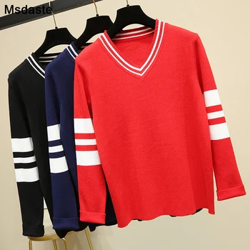 

Women Sweater 2019 Autumn Red Black Blue V-neck Casual Sleeve Striped Knitted Pullovers Knitting Plus Size Tops Female Sweaters