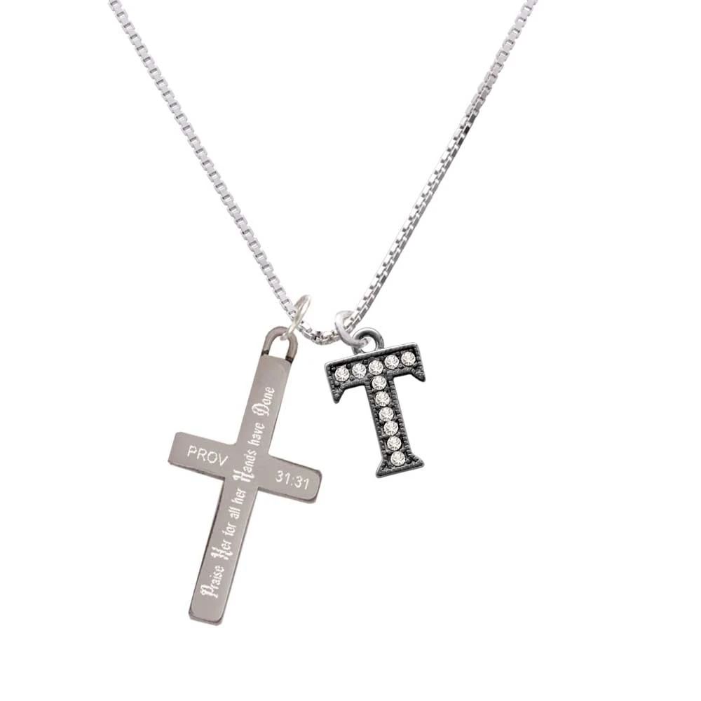 Crystal Black Initial - T - Beaded Border - - Praise Her - Cross Necklace