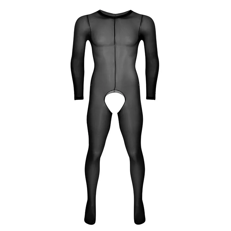 Mens Sexy Lingerie See Through Sheer Long Sleeves Round Neck Crotchless Footed Stretchy Body Pantyhose Tights Full Body Stocking