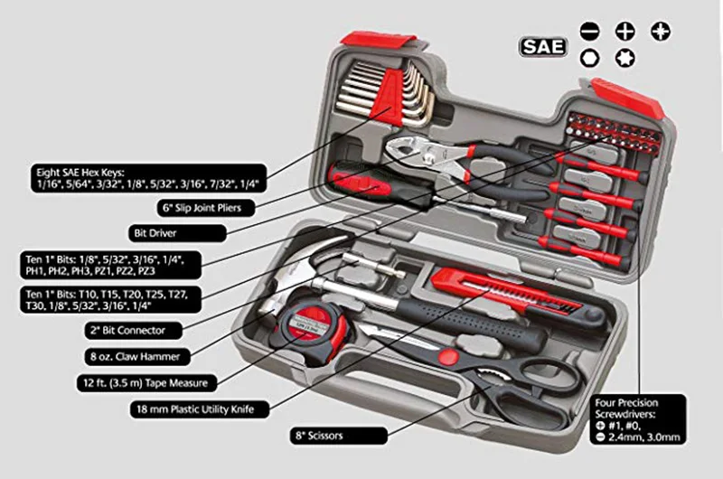 KALAIDUN 39 шт. набор ручных инструментов для домашнего ремонта набор ручных инструментов с портативной прочной компактной пластиковой панелью литой ящик для хранения