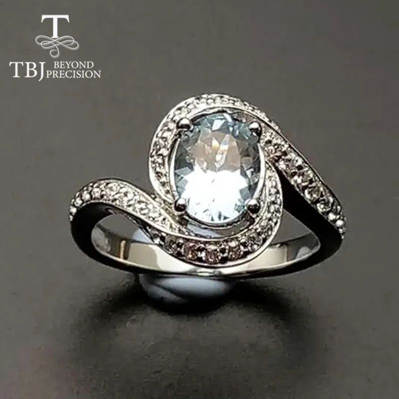 TBJ, 100% натуральный Бразилия Аквамарин ov6 * 8 1.3ct Драгоценное кольцо в 925 серебро драгоценный камень ювелирные изделия с подарочной коробке