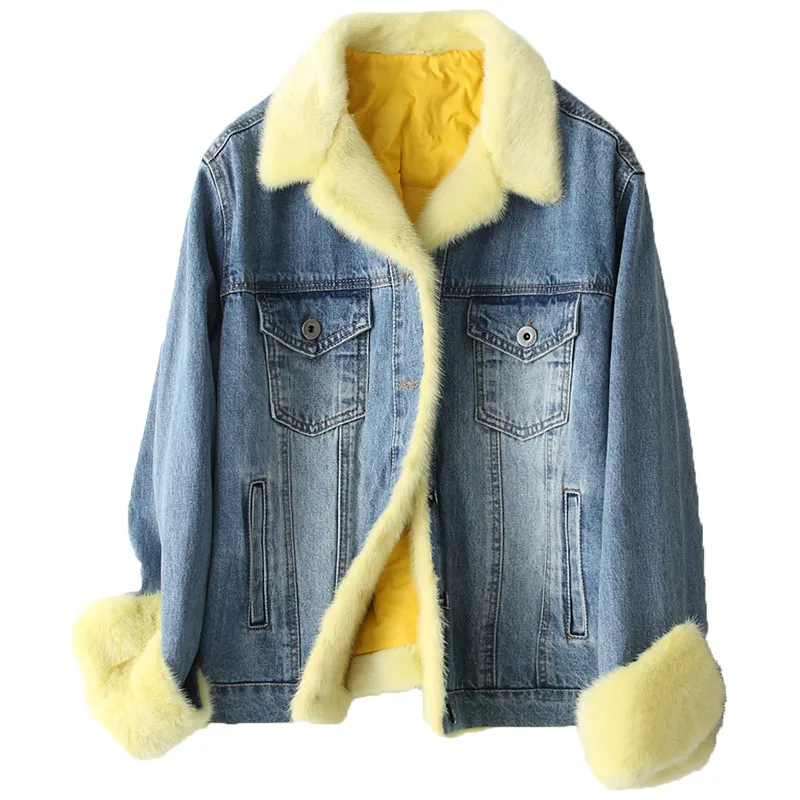 

Winter Real Mink Fur Collar Jacket Women Clothes 2018 Duck Down Jackets Korean Vintage Denim Coat Parka Chaqueta Mujer ZL757