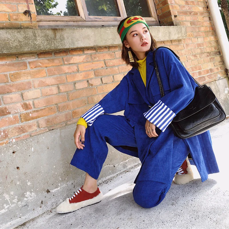 

Pink Women Harajuku Single Button Corduroy Blazer Elastic Waist Pants Jacket Office Lady Long Sleeve Casual Pants Suits f1117