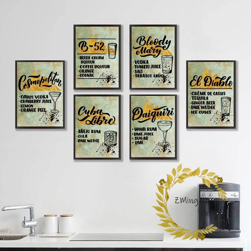 

Retro Manhattan Martini Mojito Cocktail Menu Bar Poster Canvas Art Print Bar Wall Decor Club Decor
