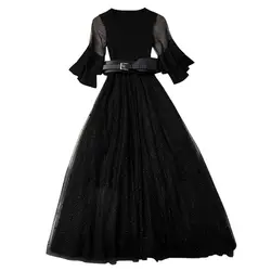 GoodliShowsi 2019 Летние черные сексуальное женское платье вязаная сетка с рукавом-бабочкой пояса женственное очарование длинные платья