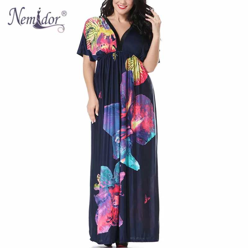 

Nemidor Hot Sales Summer Women Casual Short Sleeve Navy Patchwork Dress Sexy V-neck Backless Plus Size 7XL Vintage Maxi Dress