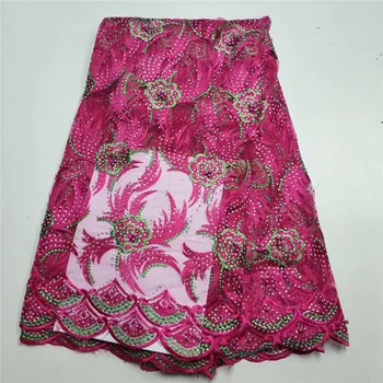 

Beaded Fushia Pink African Lace Fabric 5 Yards New Flower Pattern French Lace Fabrics 2018 African Tulle Lace Fabric With Stones